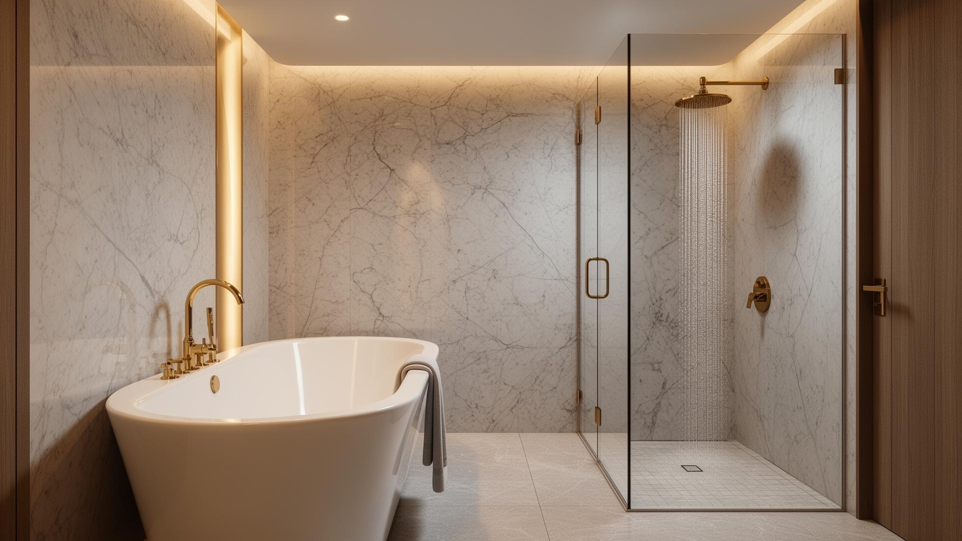 Luxury bathroom with marble walls, freestanding tub, and brass fixtures